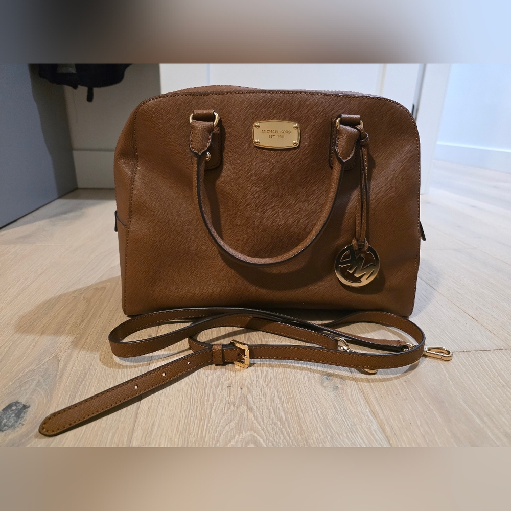 Michael Kors Cognac Saffiano Leather Dome Satchel with Detachable Strap